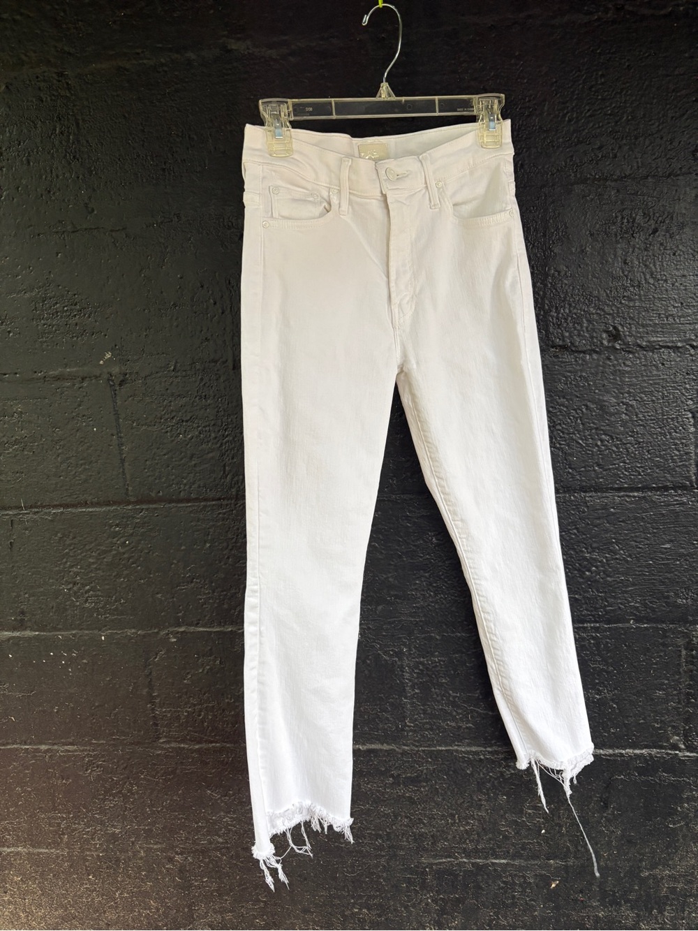 Mother The Insider Crop Step Fray White High-Rise Raw-Hem Straight Leg Jeans